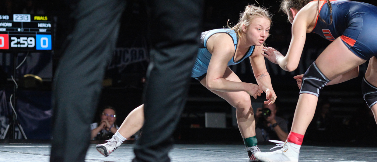 SCC wrestler Eve Herlyn in the 143 pound championship match at the NJCAA Championships. 